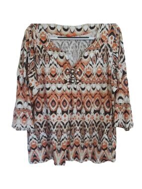 Womens Sx 2X V-Neck Beaded Colorful Aztec Print Heart of Palm Top